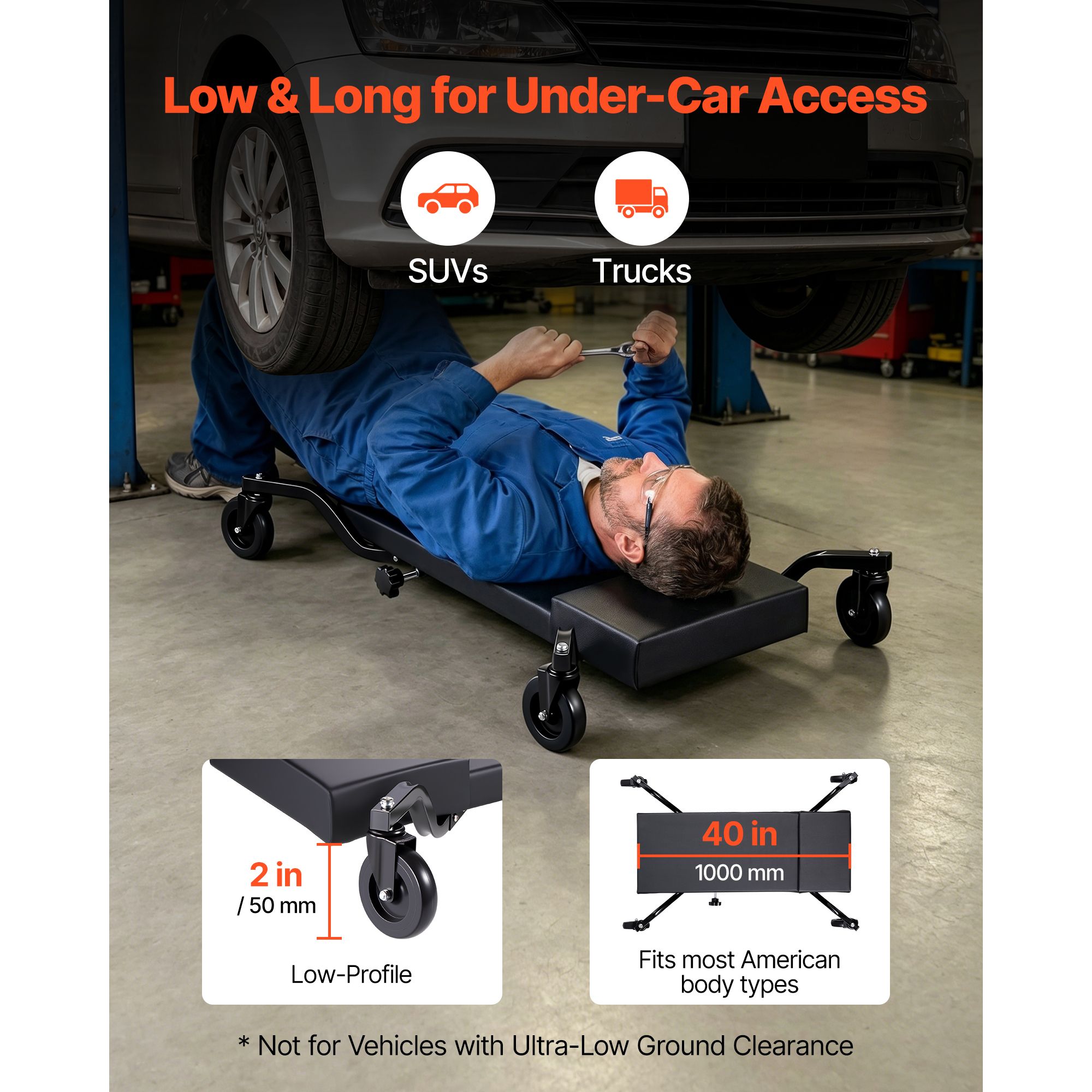Garage Creeper Roller - 40-Zoll-Mechaniker-Rollhocker mit 4 großen Rädern, 400