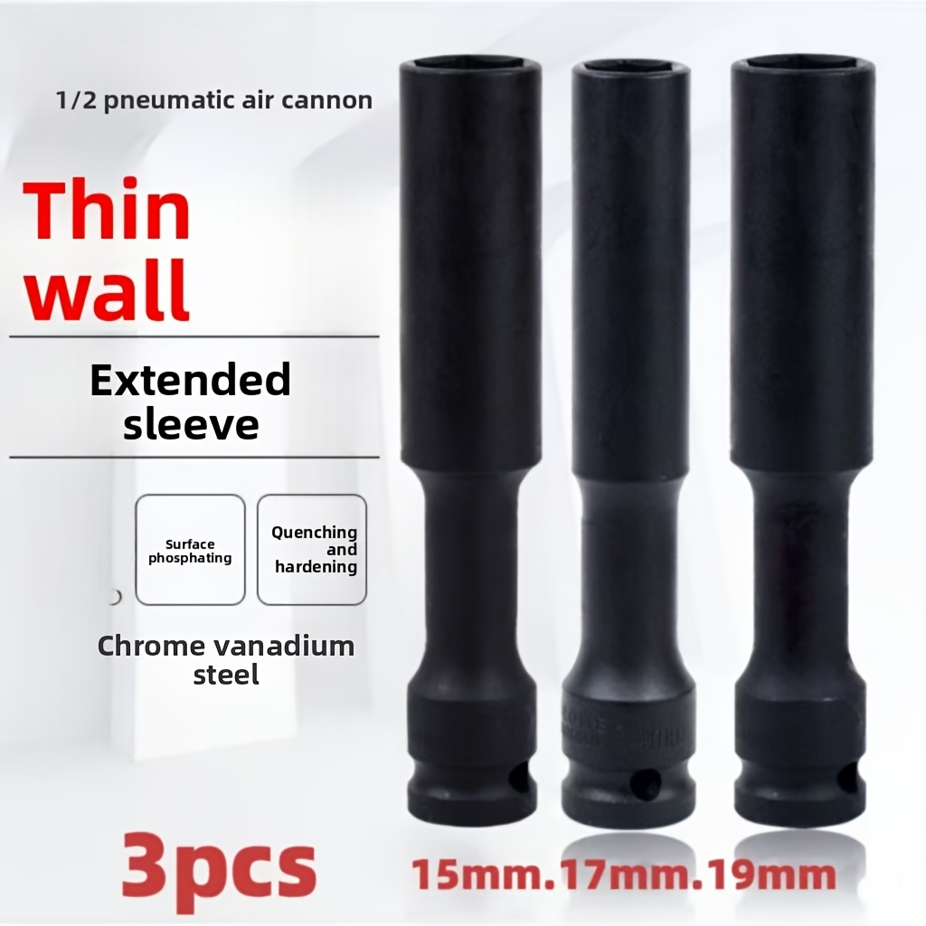 Pneumatic Impact Wrench - 1/3-teiliger 1/2-Zoll-Steckschlüsselsatz mit verlängerten dünnwandigen Schlagschrauberschlüsseln,